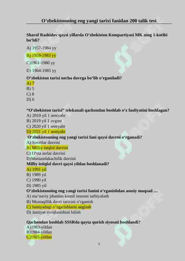 O'zbekistonning eng yangi tarixi fanidan 200 talik test, javoblari bilan