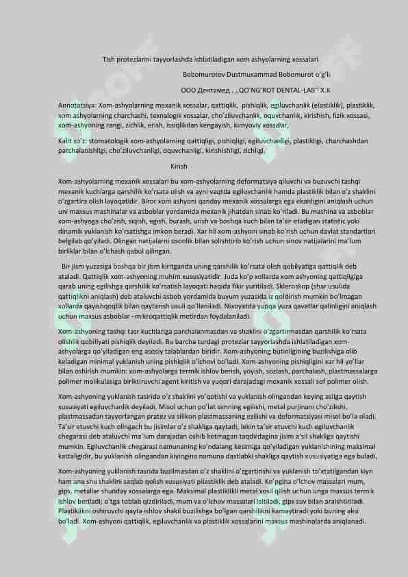 Tish protezlarini tayyorlashda ishlatiladigan xom ashyolarning xossalari.#maqolalar