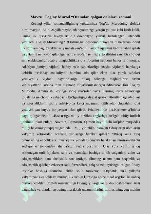 Tog’ay Murod “Otamdan qolgan dalalar” romani