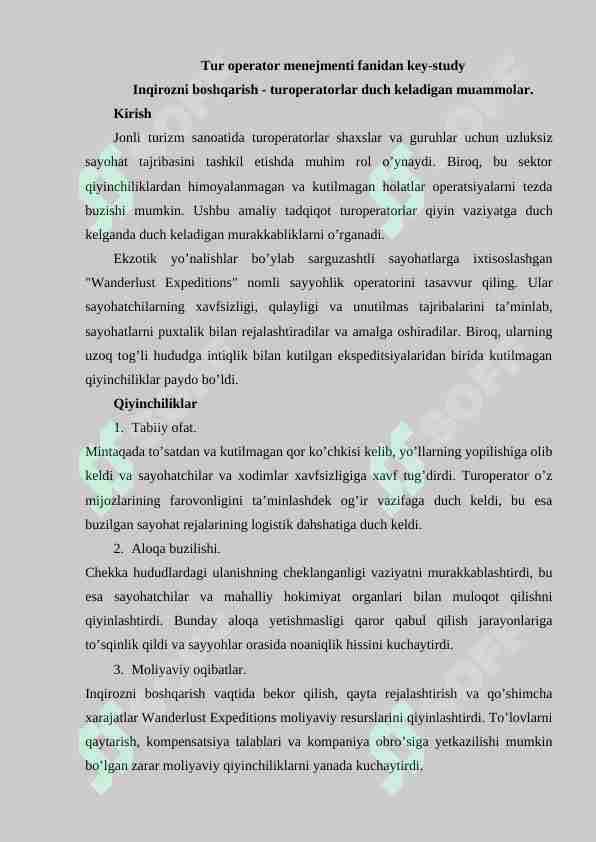 Operator Tur Tur operator menejmenti fanidan key-study