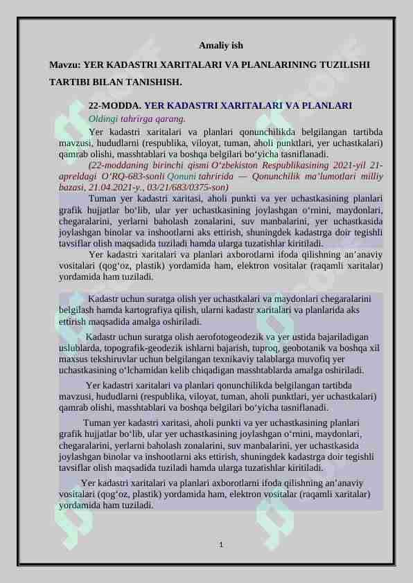 YER KADASTRI XARITALARI VA PLANLARINING TUZILISHI TARTIBI BILAN TANISHISh