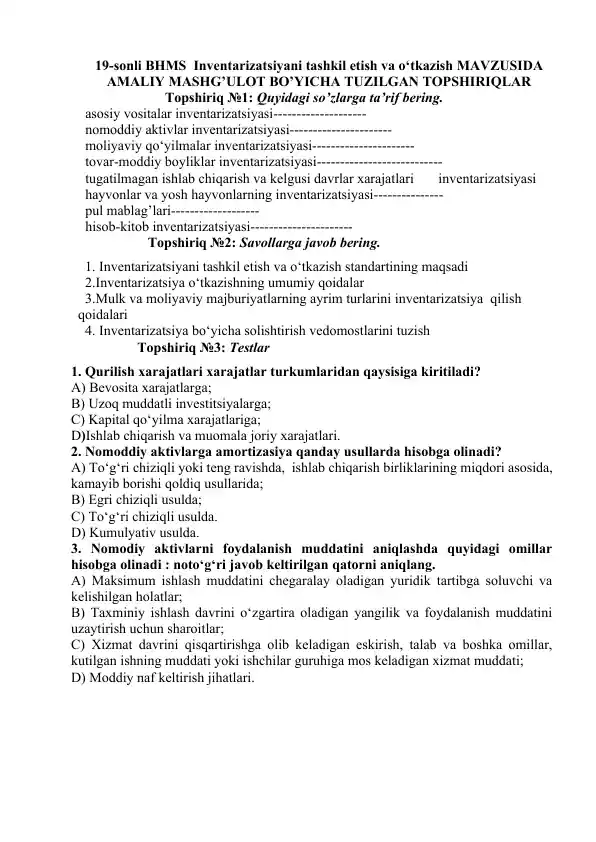 Inventarizatsiyani tashkil etish va o‘tkazish mavzusida amaliy mashg’ulotlar