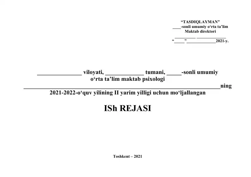 Umumiy o‘rta ta’lim maktab amaliyotchi psixologlarining na’munaviy ish rejasini tuzish va ish hujjatlarini yuritish yuzasidan tavsiyalar