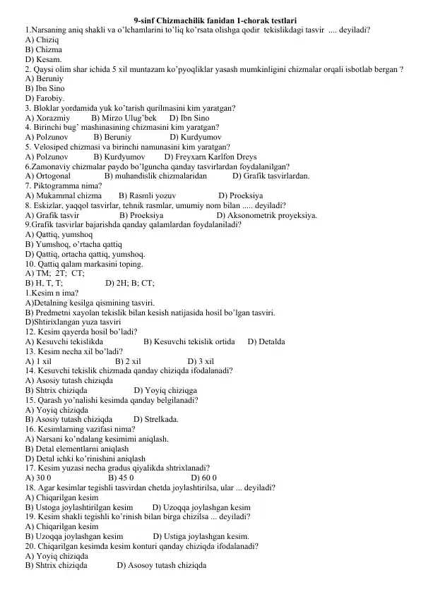 9-sinf Chizmachilik fanidan 1-chorak testlari