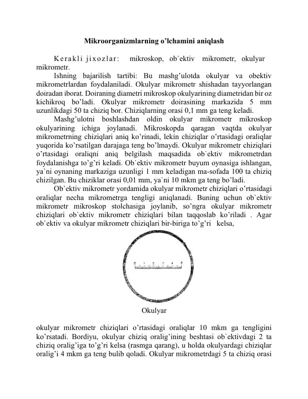 Mikrооrganizmlarning o’lchamini aniqlash