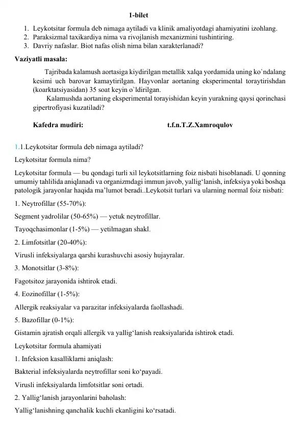 Leykotsitar formula va Paraksizmal taxikardiya haqida