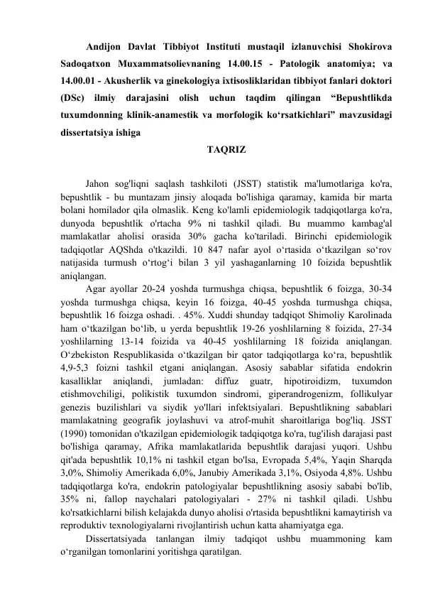 Bepushtlikda Tuxumdonning Klinik-anamestik va Morfologik Ko‘rsatkichlari