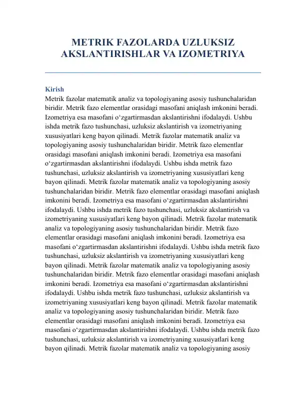 METRIK FAZOLARDA UZLUKSIZ AKSLANTIRISHLAR VA IZOMETRIYA