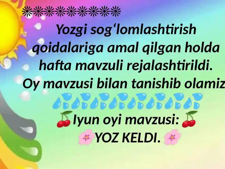 Yozgi sog‘lomlashtirish haftalik rejalari