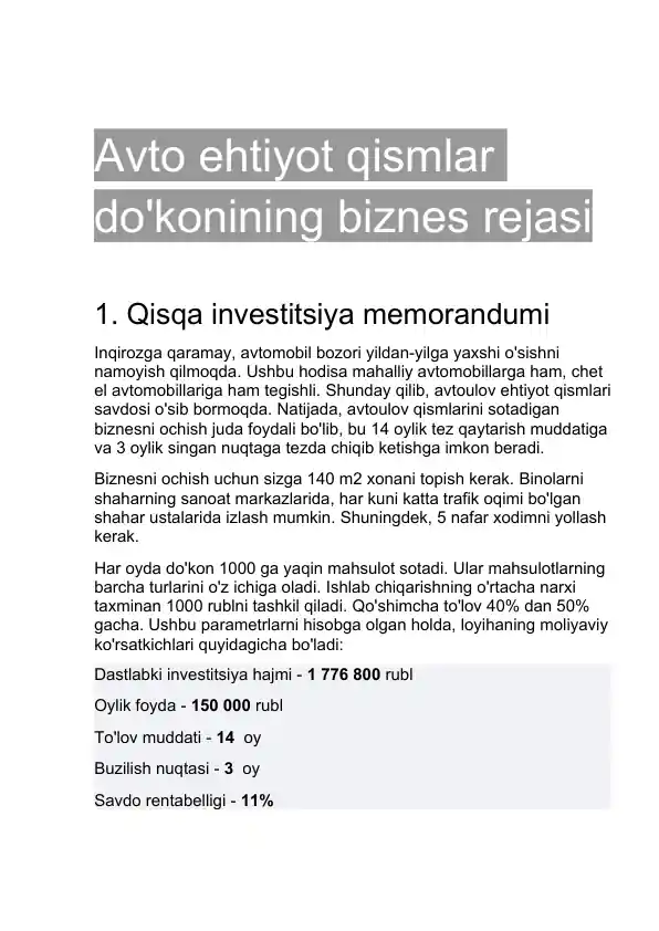 Avto ehtiyot qismlar do'konining biznes rejasi