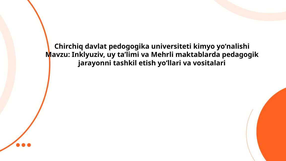 Inklyuziv, uy taʼlimi va Mehrli maktablarda pedagogik jarayonni tashkil etish yoʻllari va vositalari