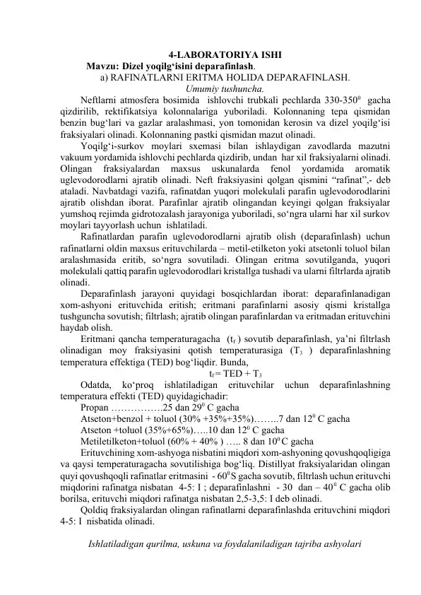 Laboratoriya ishi - Dizel yoqilg‘isini deparafinlash