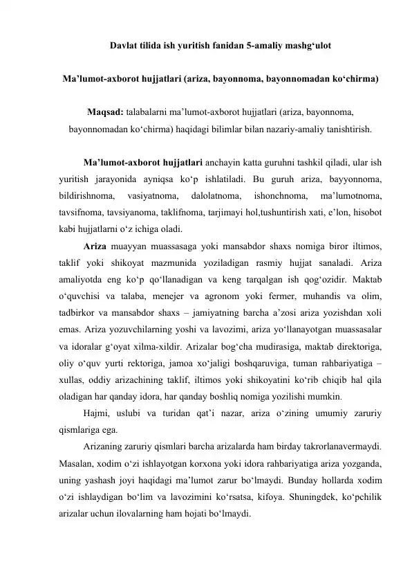 Ma'lumot-axborot hujjatlari (ariza, bayonnoma, bayonnomadan ko‘chirma)