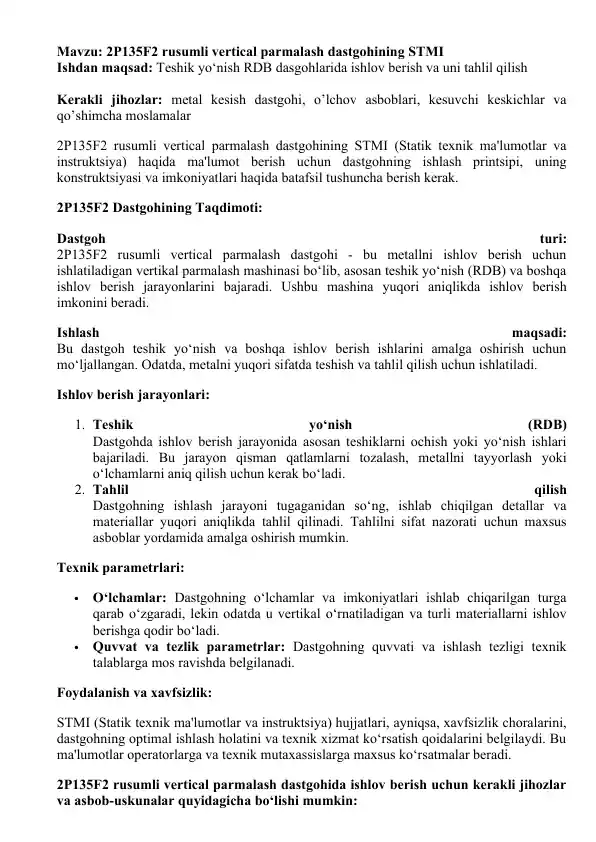 2P135F2 rusumli vertical parmalash dastgohi