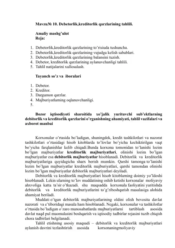 Debetorlik, Kreditorlik qarzlarining tahlili