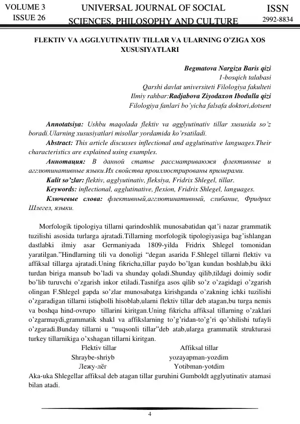 FLEKTIV VA AGGLYUTINATIV TILLAR VA ULARNING O’ZIGA XOS XUSUSIYATLARI