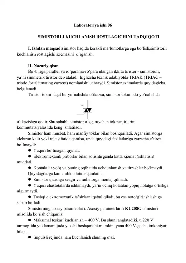 Simistorli Kuchlanish Rostlagichini Tadqiqoti