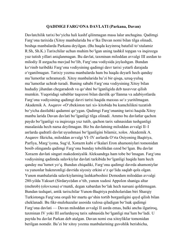 Qadimgi Farg‘ona Davlati (Parkana, Davan)
