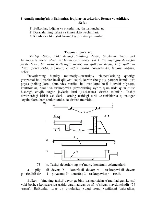 Amaliy mashg’ulot: Balkonlar, lodjalar va erkerlar. Deraza va eshiklar