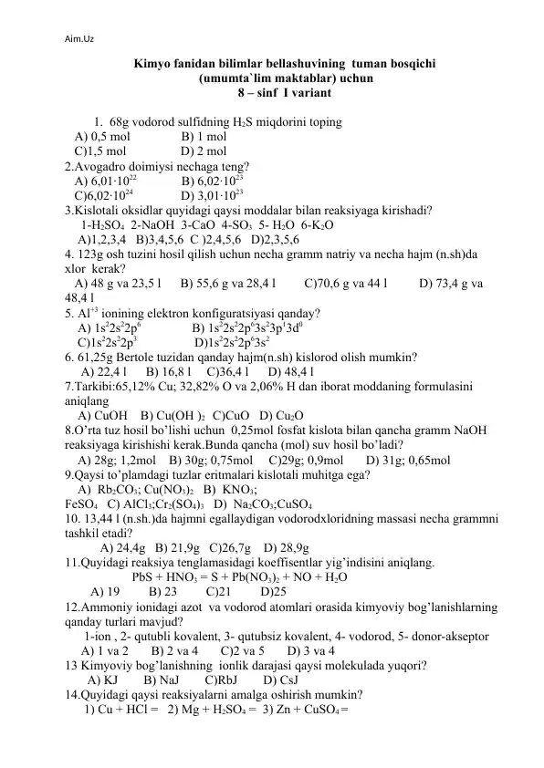 Kimyo fanidan bilimlar bellashuvi uchun 8-sinf test savollari
