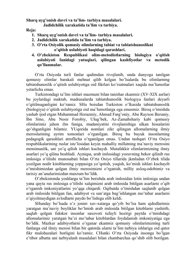 Sharq uyg’onish davri va ta’lim- tarbiya masalalari