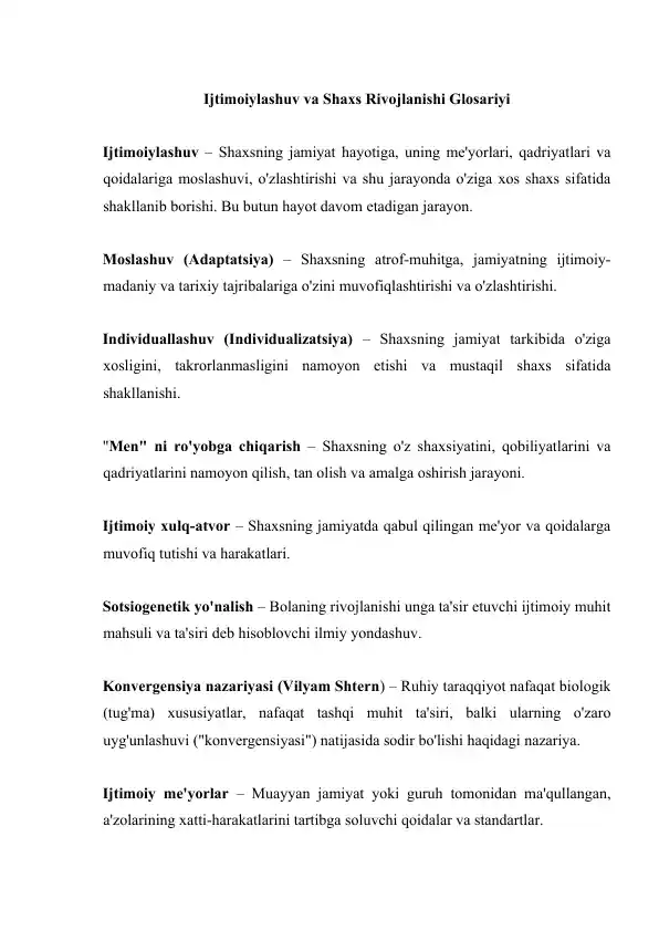 Ijtimoiylashuv va Shaxs Rivojlanishi Glosariyi