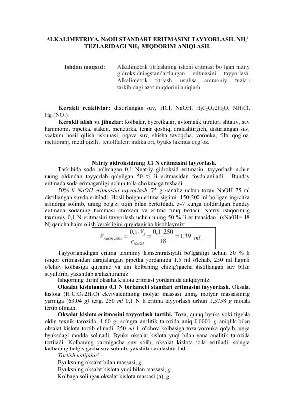 NaOH STANDART ERITMASINI TAYYORLASH