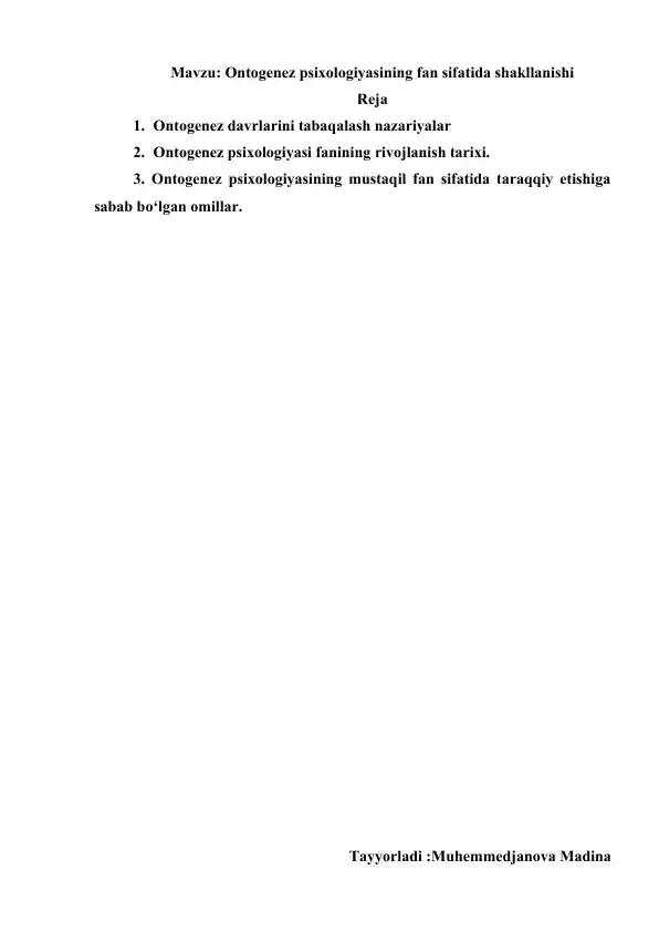 Ontogenez psixologiyasining fan sifatida shakllanishi