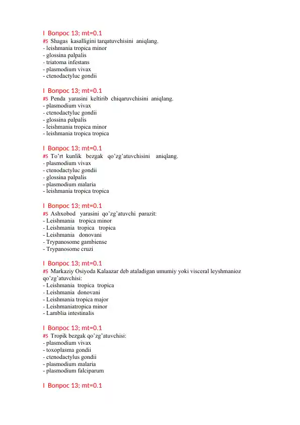 Parazitlar haqida test savollari