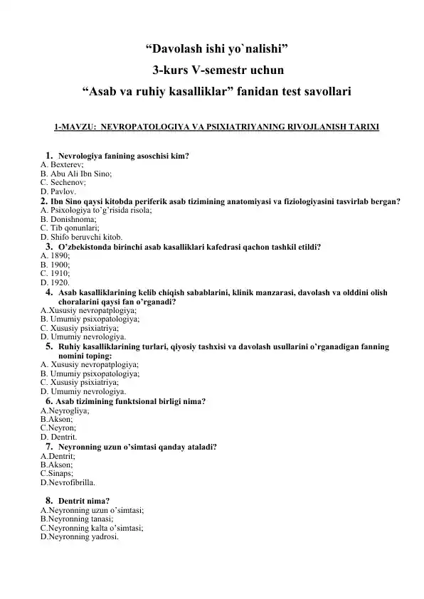 Nevropatologiya va psixiatriya test savollari