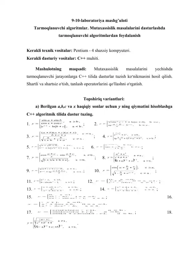 Tarmoqlanuvchi algoritmlar. Mutaxassislik masalalarini dasturlashda tarmoqlanuvchi algoritmlardan foydalanish