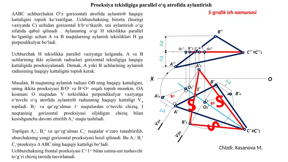 Uchburchakni gorizontal o‘q atrofida aylantirib aylanish radiusining haqiqiy kattaligini aniqlash