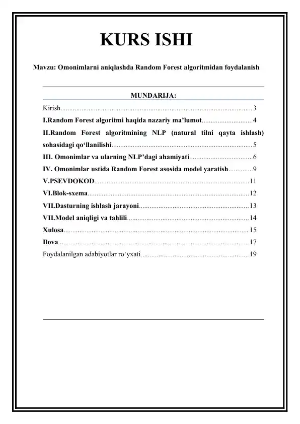 Omonimlarni aniqlashda Random Forest algoritmidan foydalanish