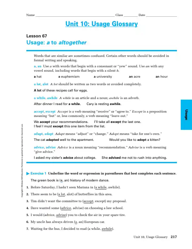 Unit 10: Usage Glossary
