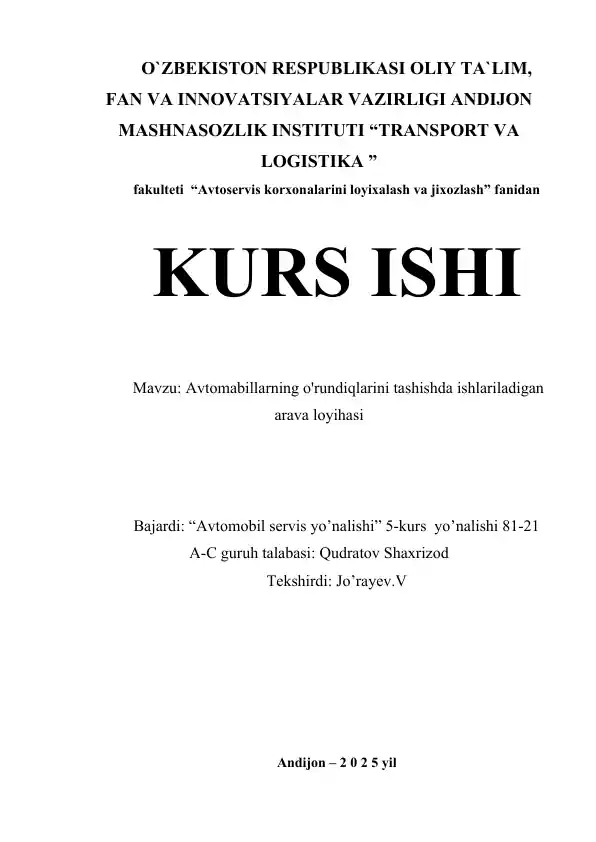 Avtomabillarning o'rundiqlarini tashishda ishlariladigan arava loyihasi