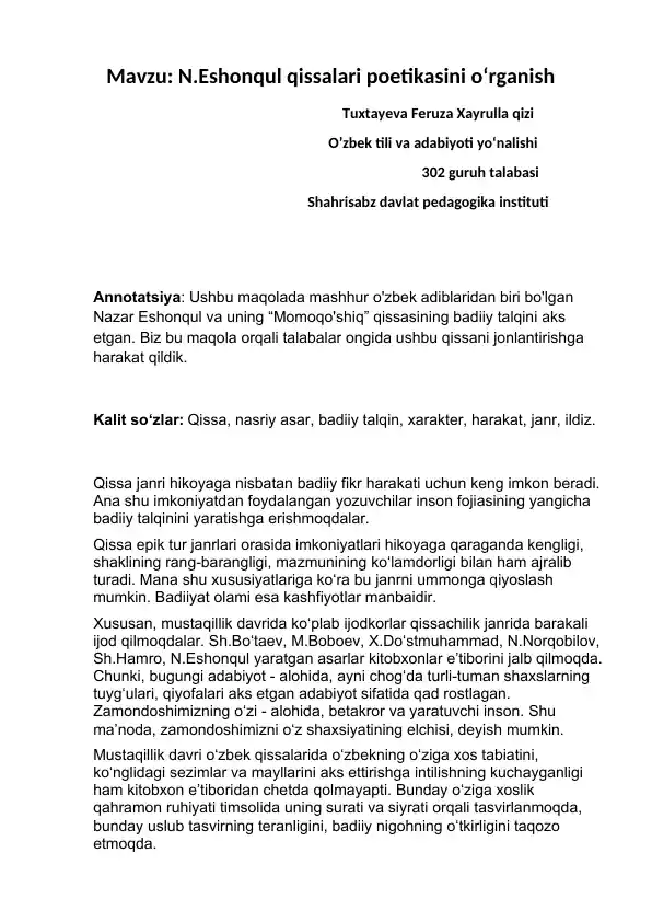 N.Eshonqul qissalari poetikasini oʻrganish