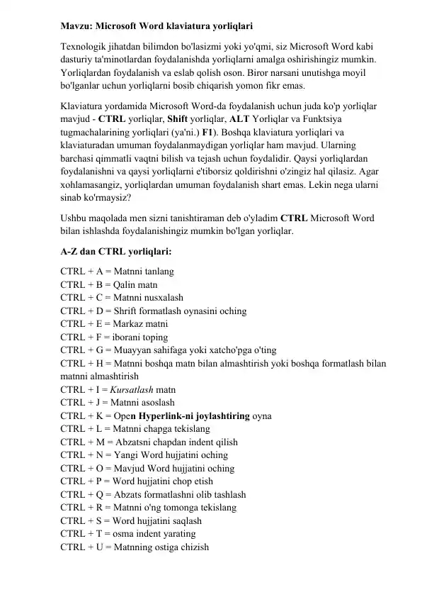 Microsoft Word klaviatura yorliqlari