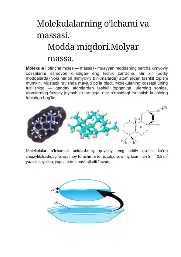Molekulalar o’lchami va massasi