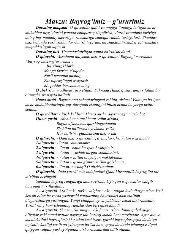 Bayrog’imiz – g’ururimiz darsi