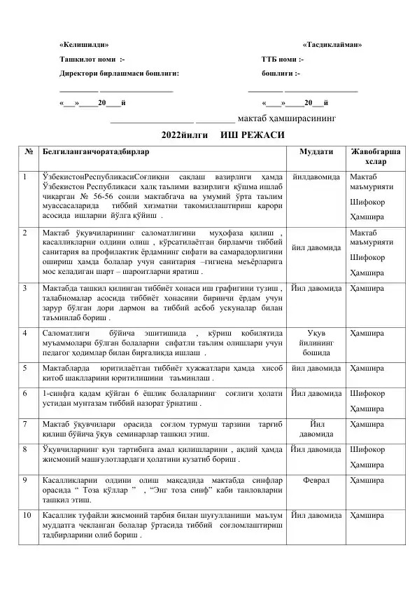 2022 yilgi maktab hamshirasining ish rejasi shabloni