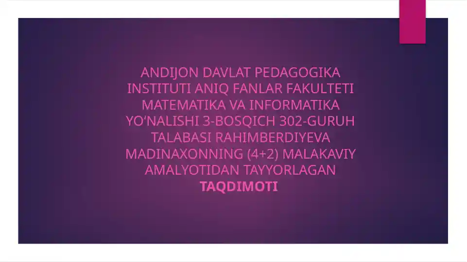 Rahimberdiyeva Madinaxonning (4+2) Malakaviy Amalyotidan Tayyorlanish Taqdimoti