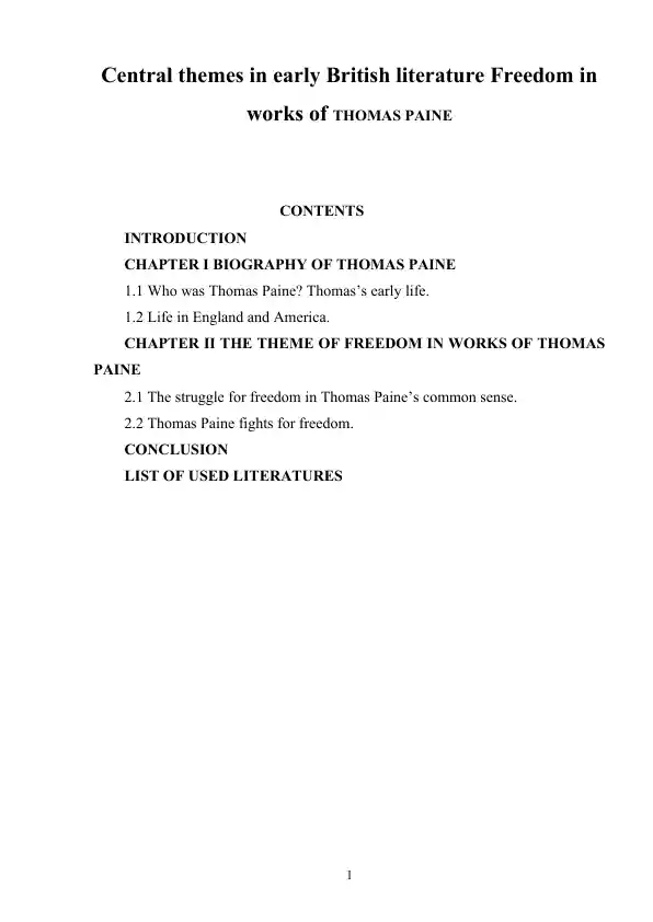 Central themes in early British literature: Freedom in works of THOMAS PAINE