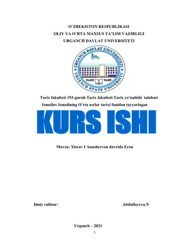 Kurs ishi “Xisrav I Anushervon davrida Eron”