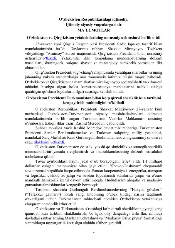 O‘zbekiston va Qirg‘iziston yetakchilarining norasmiy uchrashuvi