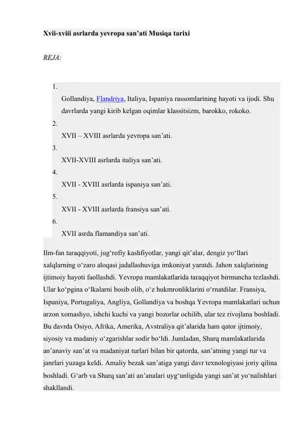XVII-XVIII asrlarda Yevropa san’ati tarixi taqdimoti