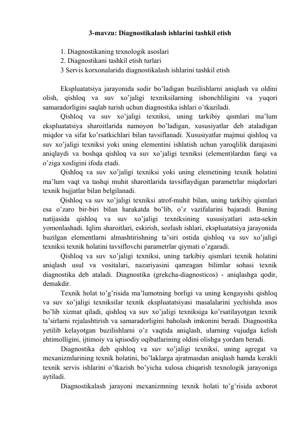 Diagnostikalash ishlarini tashkil etish