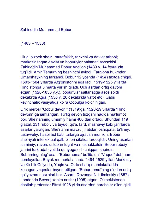 Zahiriddin Muhammad Bobur tavalludiga tadbir ssenariysi