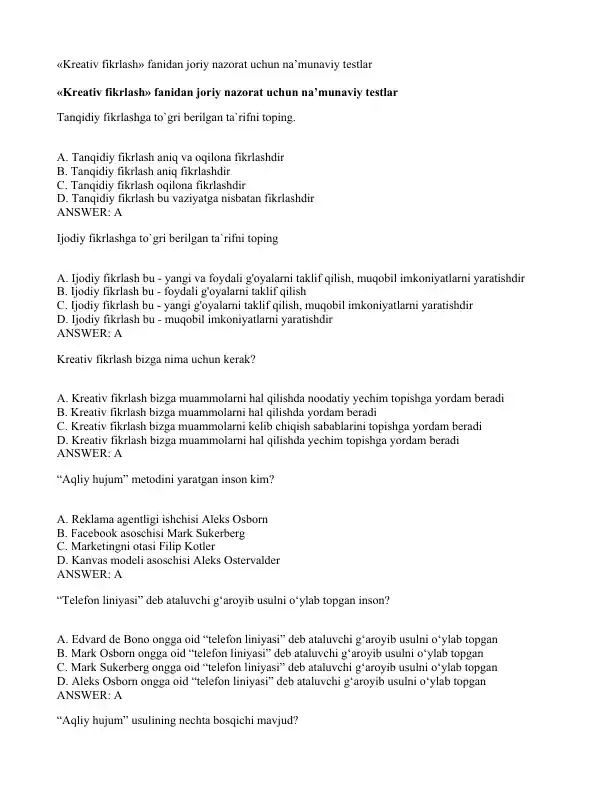 «Kreativ fikrlash» fanidan joriy nazorat uchun na’munaviy testlar