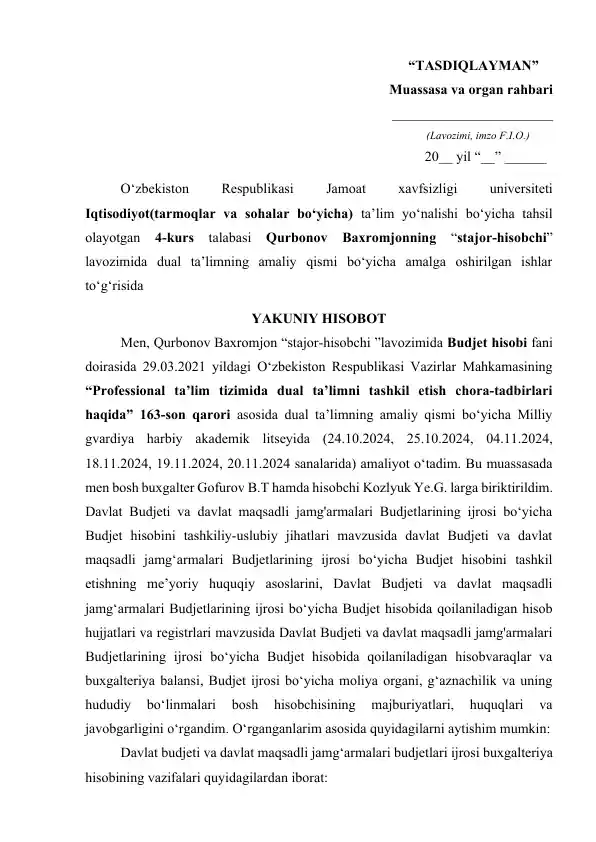 Stajor-hisobchi lavozimi bo'yicha hisobot