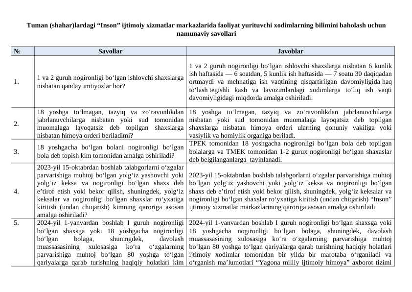 Ijtimoiy himoya suhbat savollari javoblari bilan